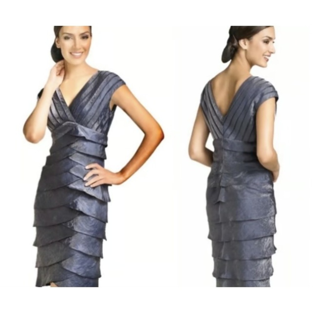 Adrianna Papell Metallic Slate Blue Tiered Petal Sheath Dress Wedding Guest 8